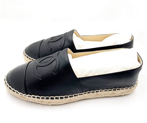 chanel black leather espadrille flats|authentic chanel espadrilles.